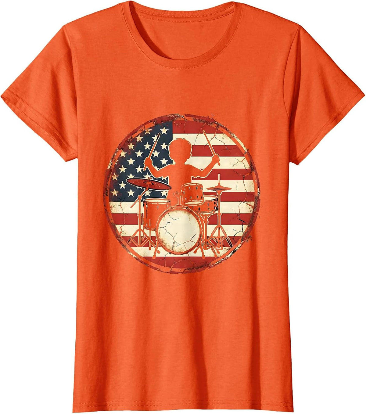 Kids American Flag Boy Drummer Patriotic Graphic T-Shirt - Orange