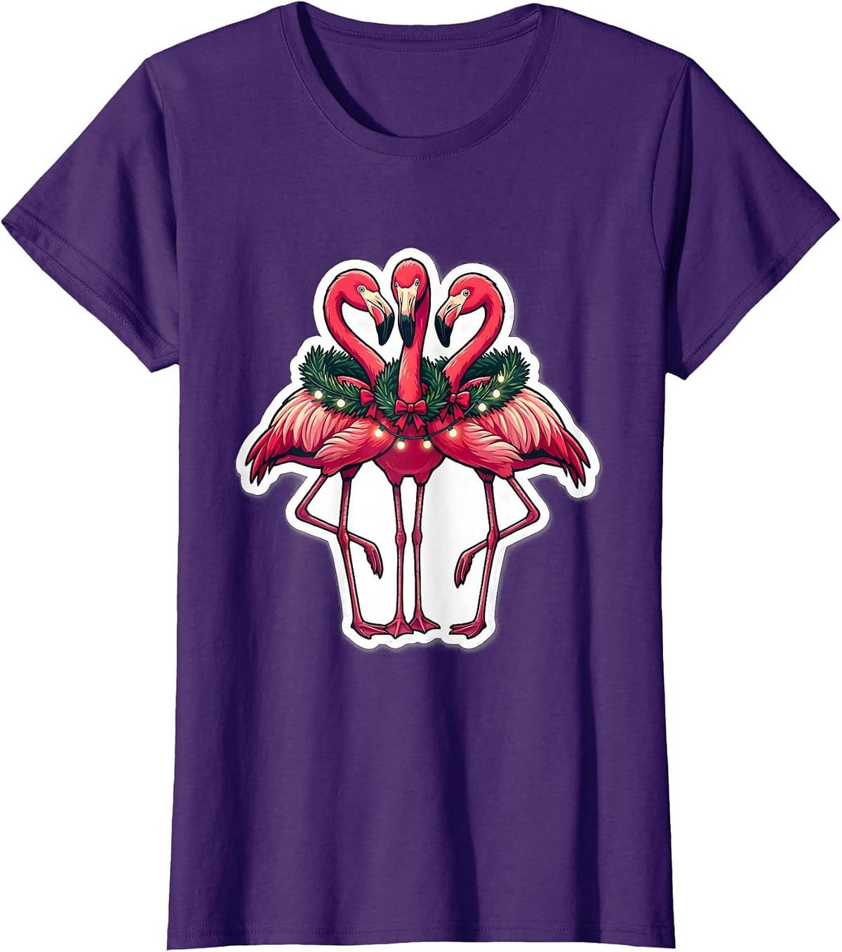 Women's Pink Flamingo Cluster Holiday Novelty Sticker Style T-Shirt - Purple