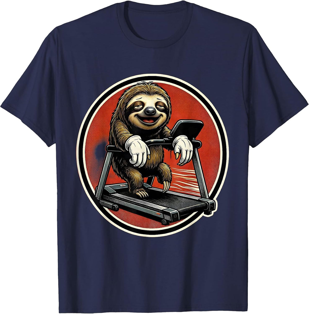Lazy Sloth Hanging on Treadmill Funny Graphic T-Shirt - Navy Blue