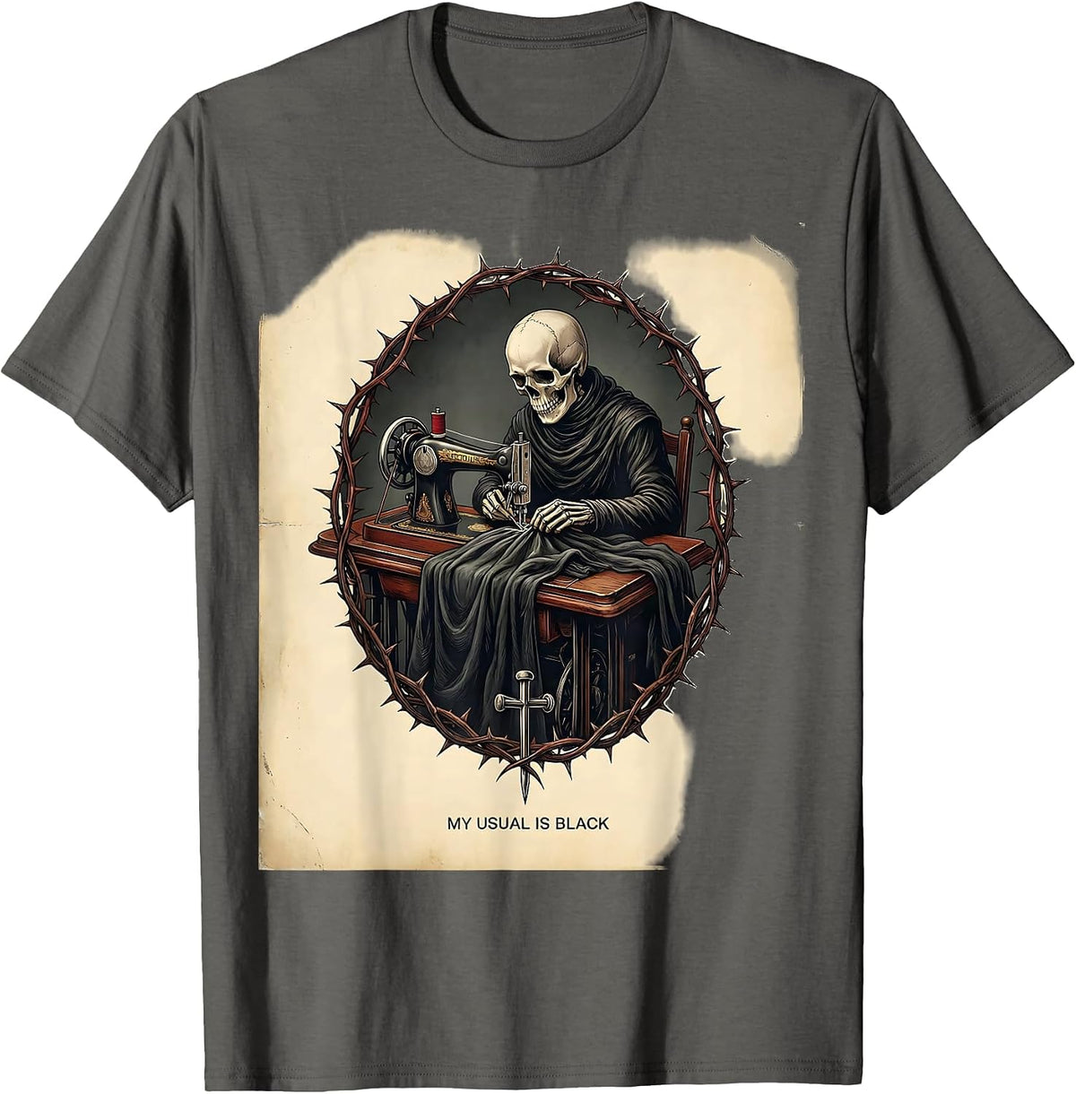 Men's My Usual Is Black Vintage Gothic Grunge Alt Skull Aesthetic T-Shirt - Asphalt Grey