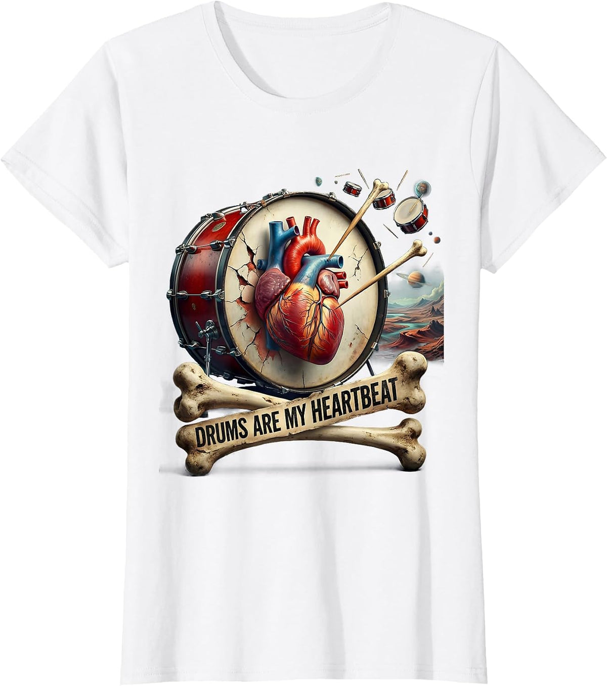 Drums Are My Heartbeat Rock Band Design T-Shirt - White