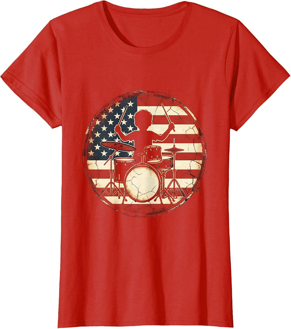 Kids American Flag Boy Drummer Patriotic Graphic T-Shirt - Red