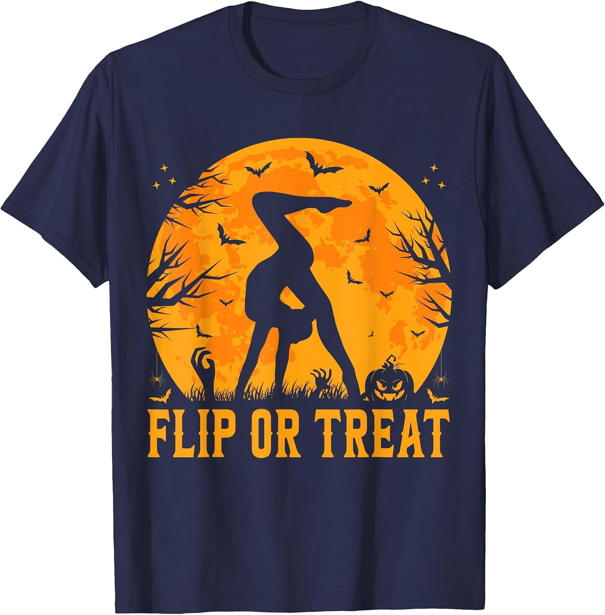 Gymnastics Halloween Flip or Treat Halloween Gymnastics T-Shirt - Navy Blue