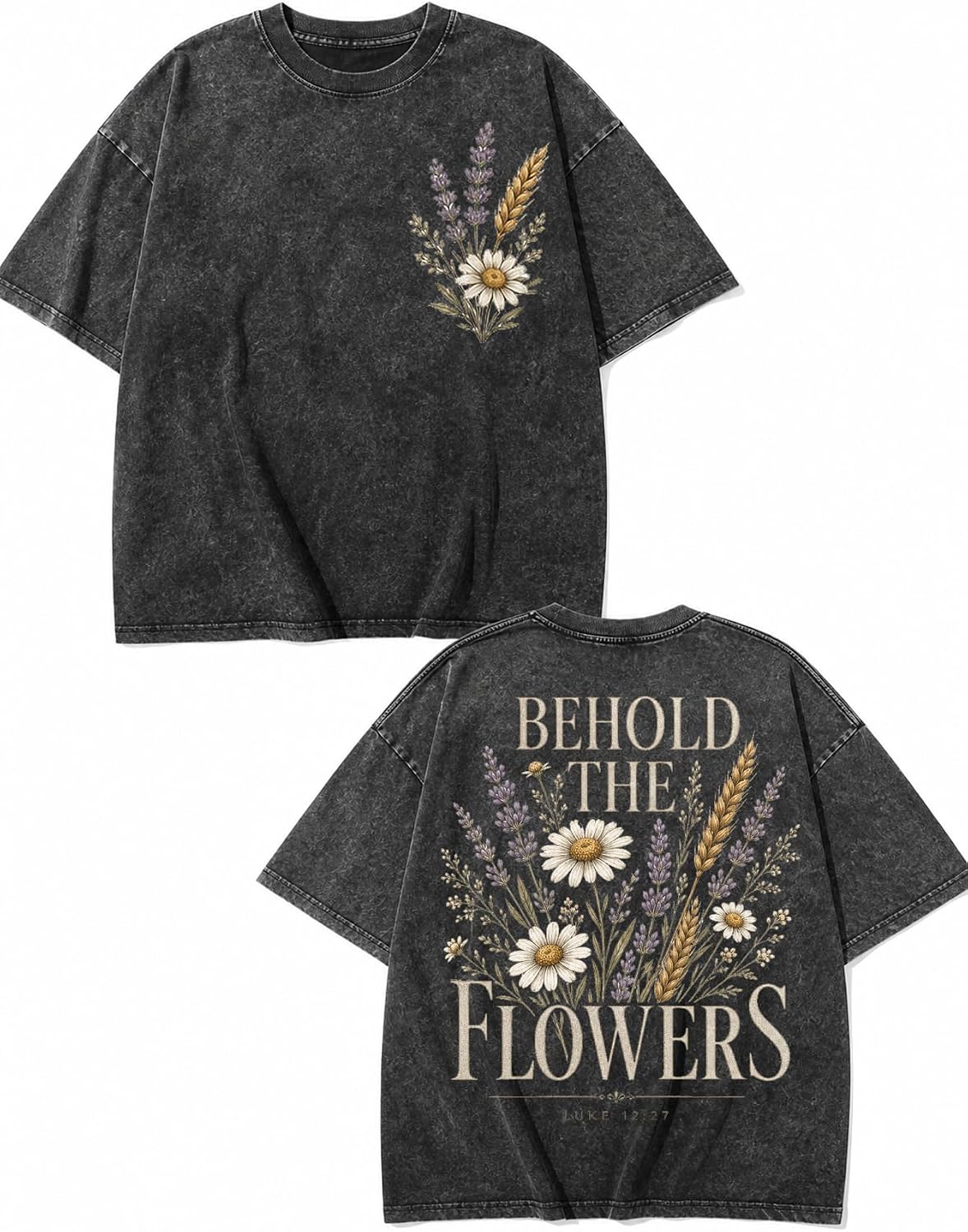 Men Oversized Acid Wash Christian Graphic Tee Faith Floral Soft Tee - Black Behold Flowers