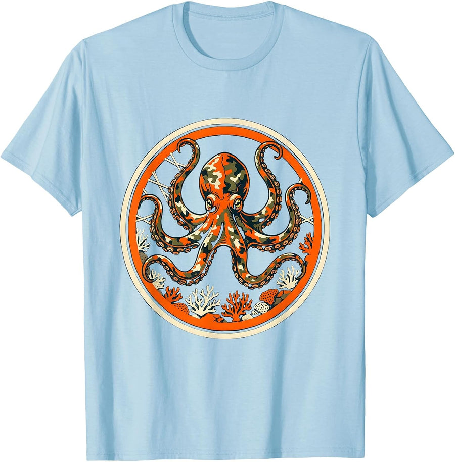 Men's Camo Octopus Color Change Ocean Floor Design T-Shirt - Baby Blue