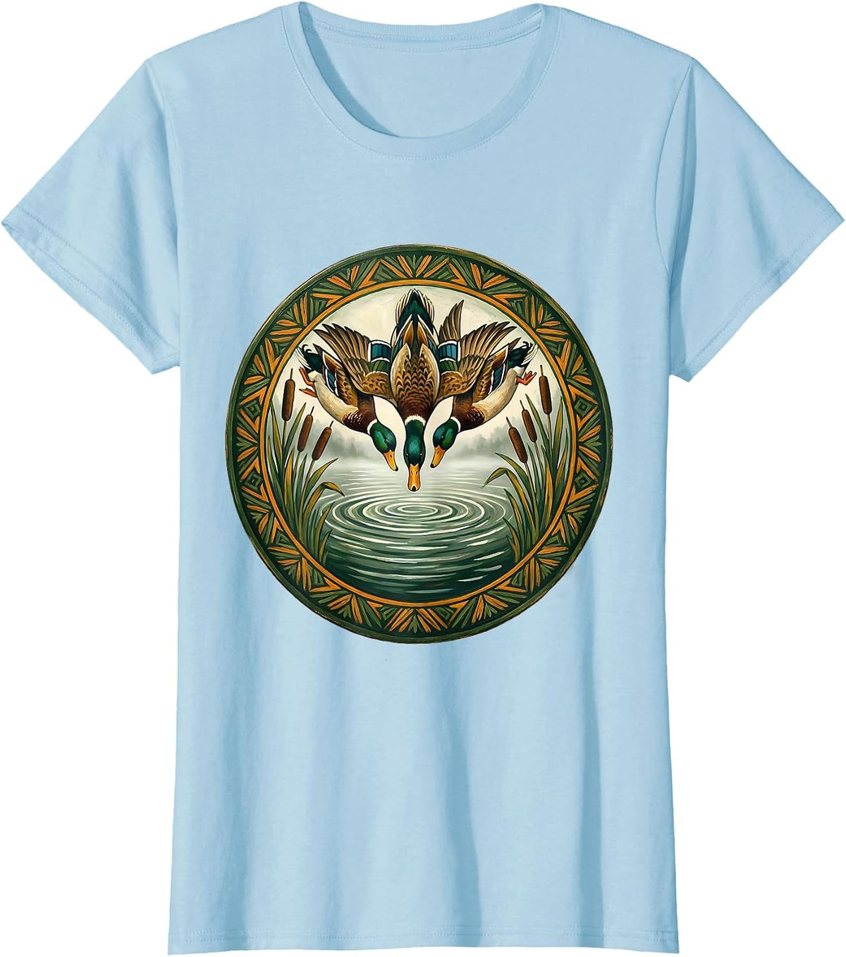 Women's Duck Camo Flock Descending on Misty Lake T-Shirt - Baby Blue