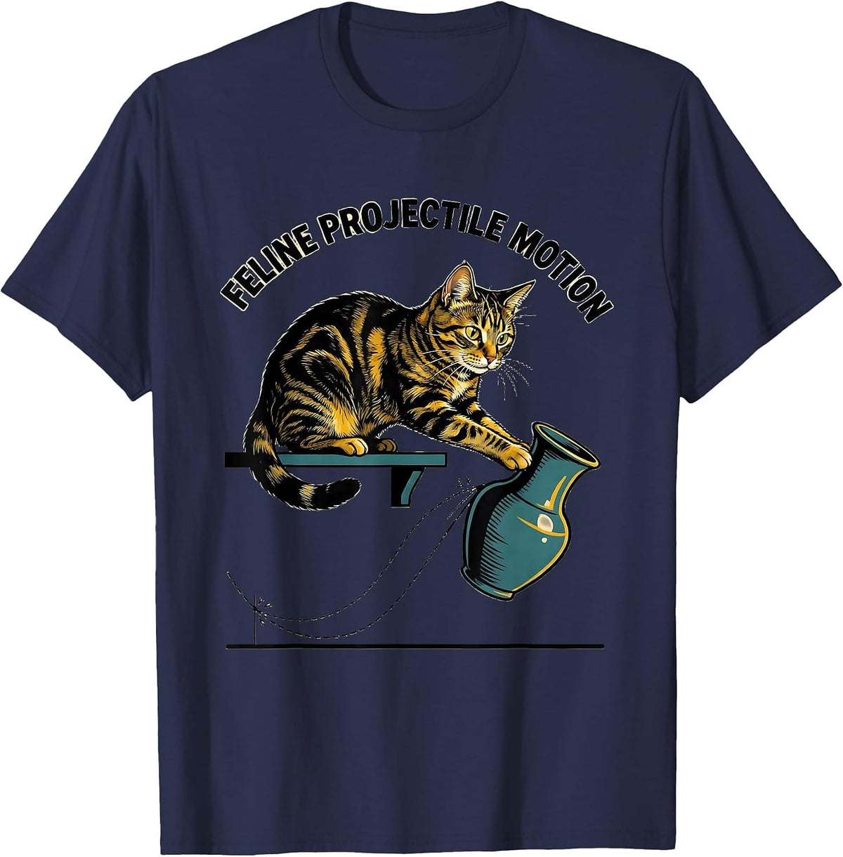 Men's Feline Projectile Motion Funny Cat Physics Humor Design T-Shirt - Navy Blue