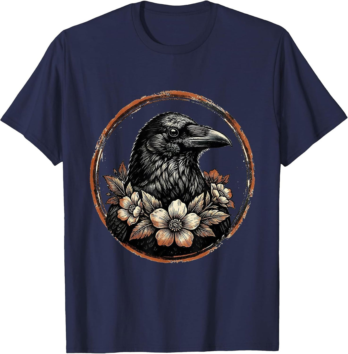 Crow with Floral Wreath Illustration Design T-Shirt - Navy Blue