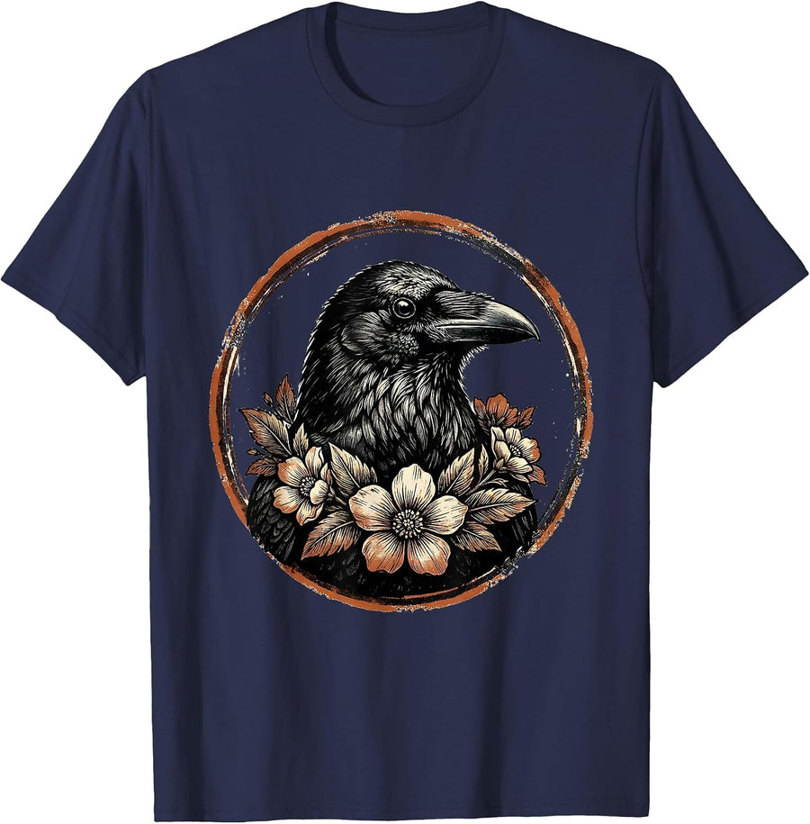 Crow with Floral Wreath Illustration Design T-Shirt - Navy Blue