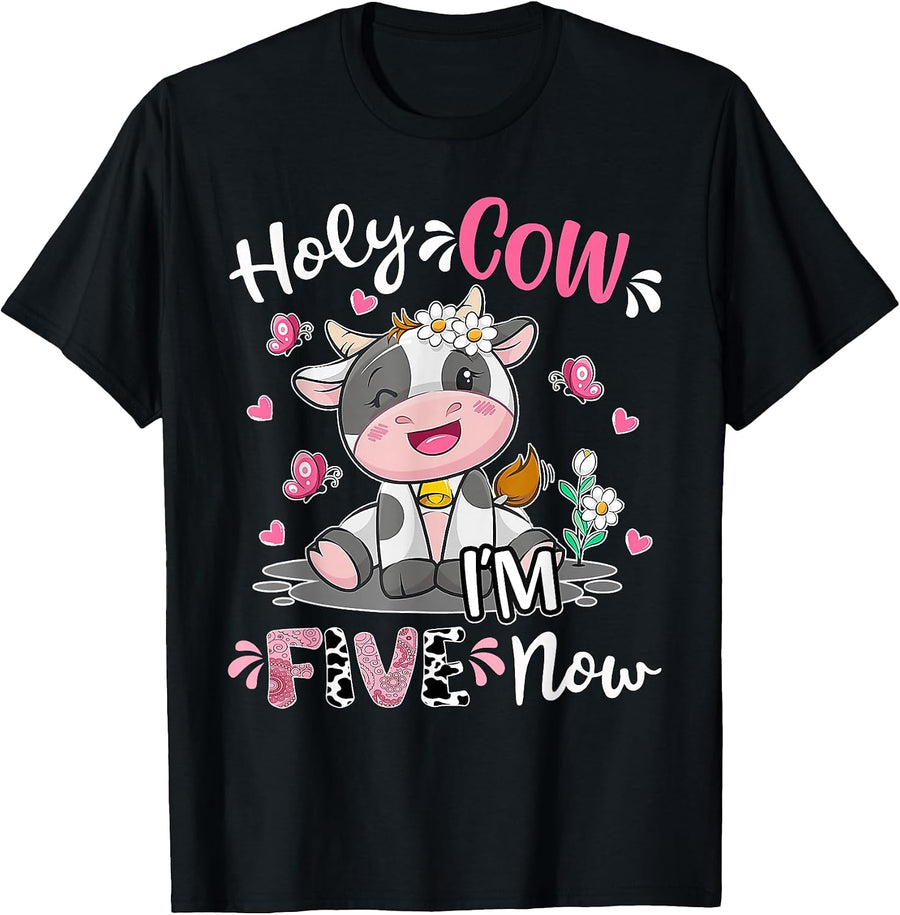 Kids Holy Cow I'm Five 5 Years Old 5th Birthday Boy Girl T-Shirt, Men, Black, Small - As Pictured