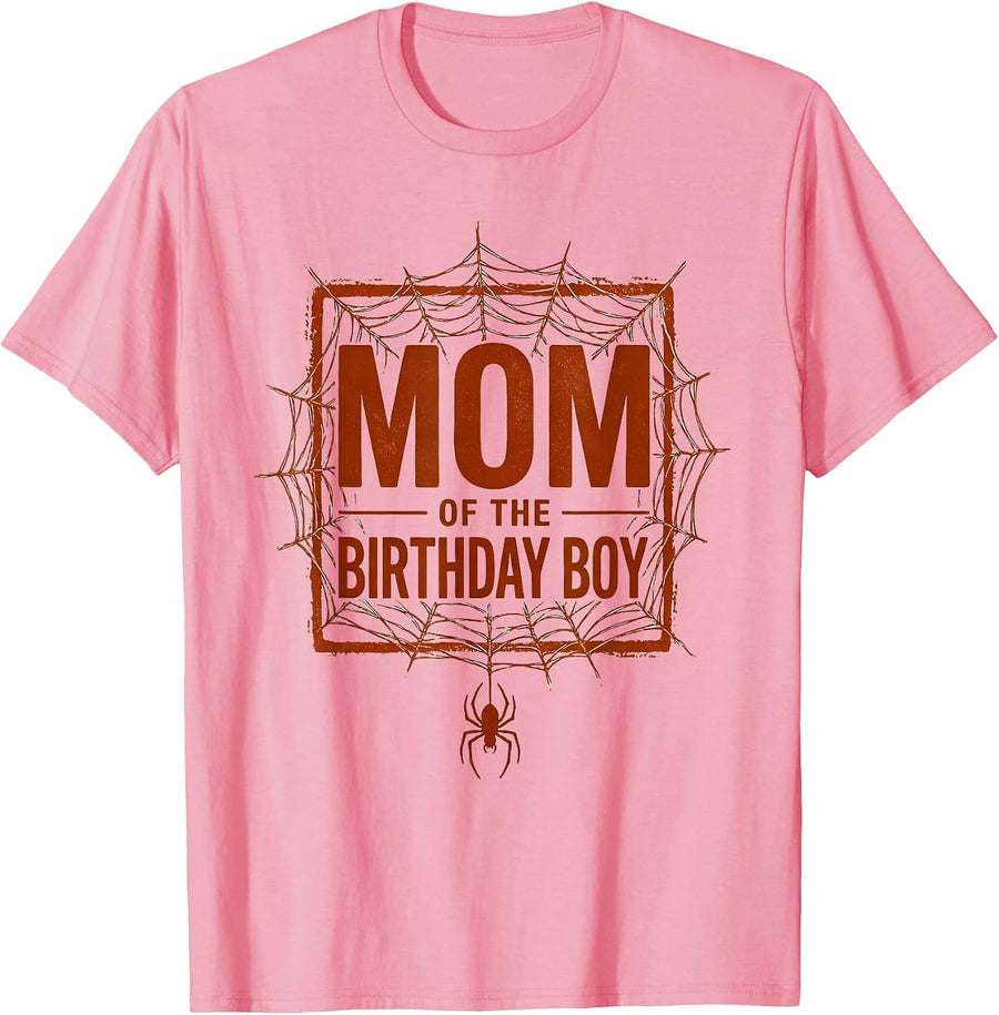 Mom Of The Birthday Boy Rubber Stamp Spider Web Kids Party T-Shirt, Men, Pink, X-Large - As Pictured