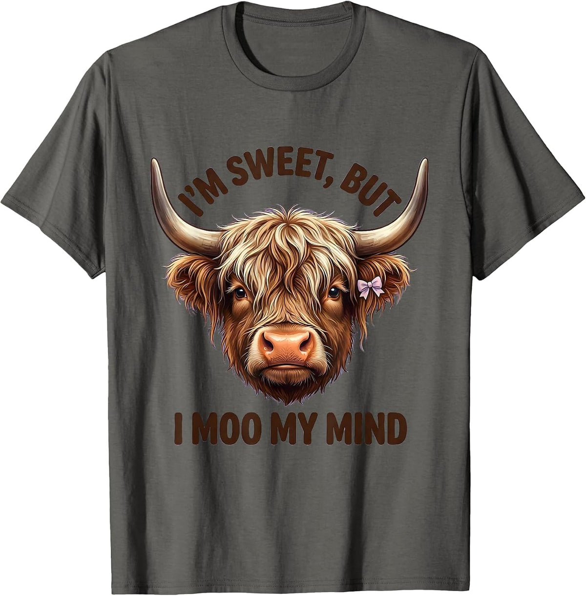 I’m Sweet, But I Moo My Mind Cute Kawaii Highland Cow Humor T-Shirt - Asphalt Grey