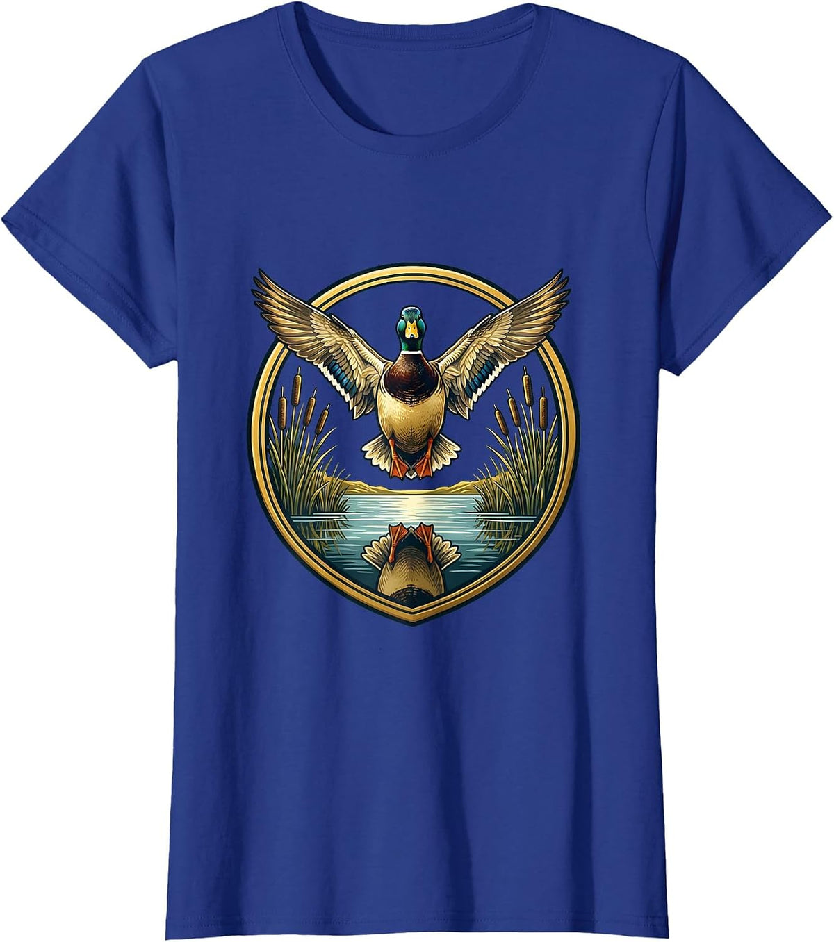Women's Duck Flying Over Misty Marsh Reeds Illustration T-Shirt - Royal Blue