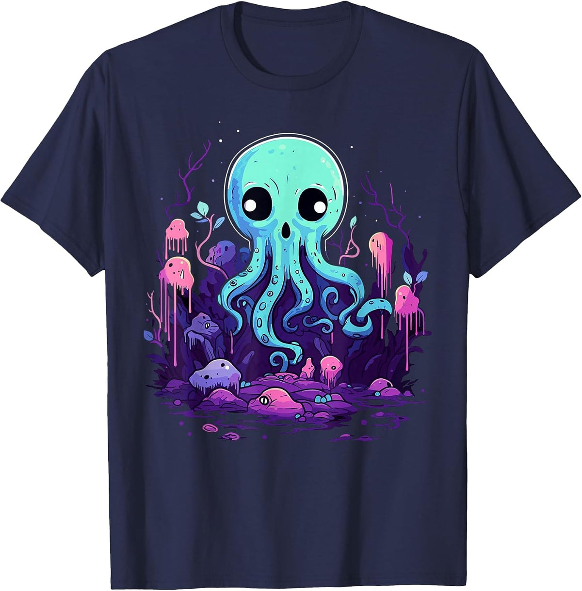 Pastel Goth Octopus Kawaii Cute Creepy Halloween Anime T-Shirt - Navy Blue