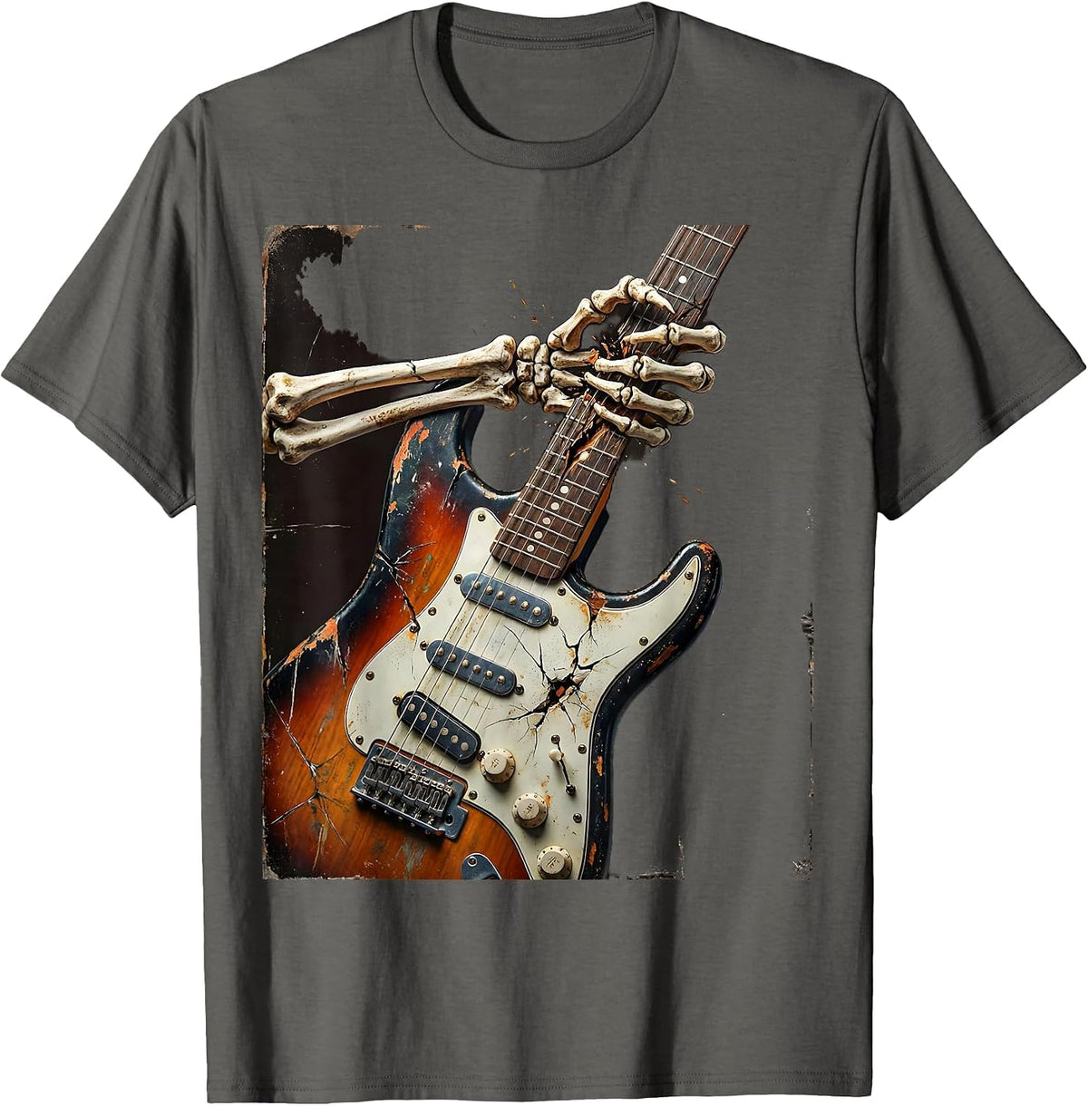 Skeleton Fingers Shredding Electric Guitar T-Shirt - Asphalt Grey