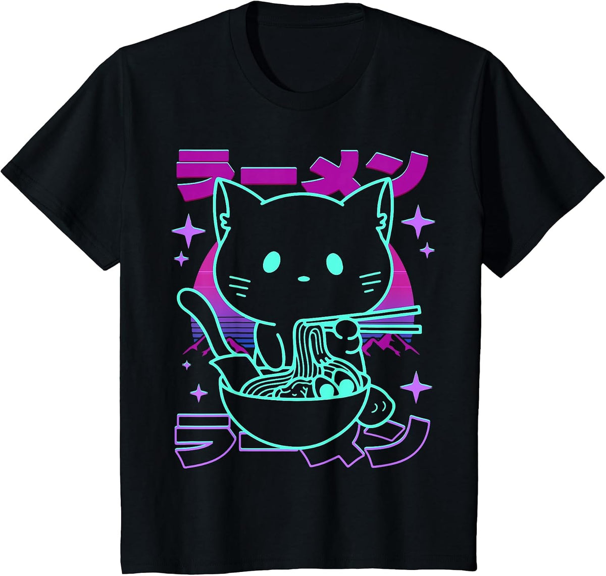Anime Ramen Cat Retro Japanese Noodles Aesthetic Kawaii Cat T-Shirt - Black