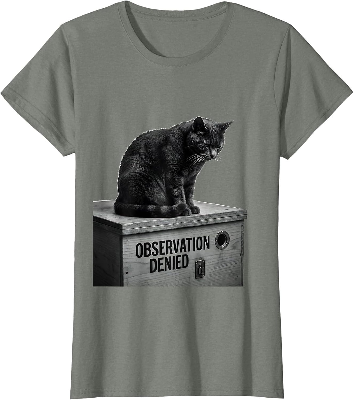 Observation Denied Monochromatic Quantum Physics Humor Cat T-Shirt - Olive Heather