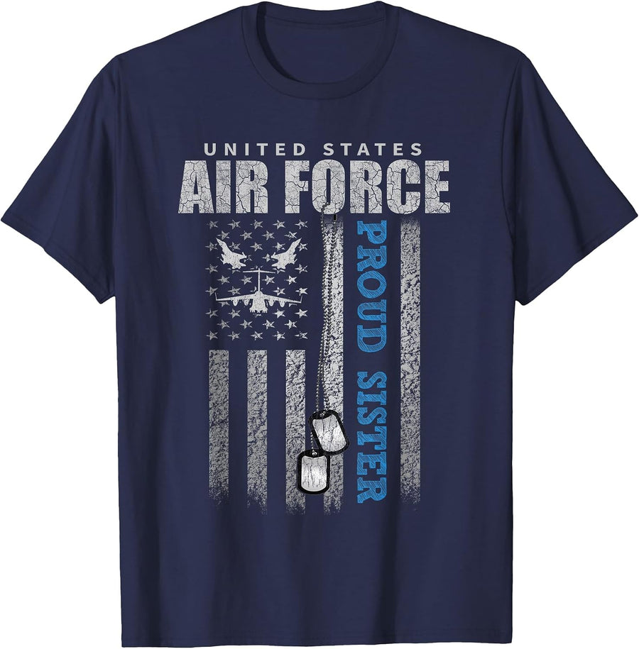 Proud Air Force Sister of The US Air Force USA Flag T-Shirt - Navy Blue
