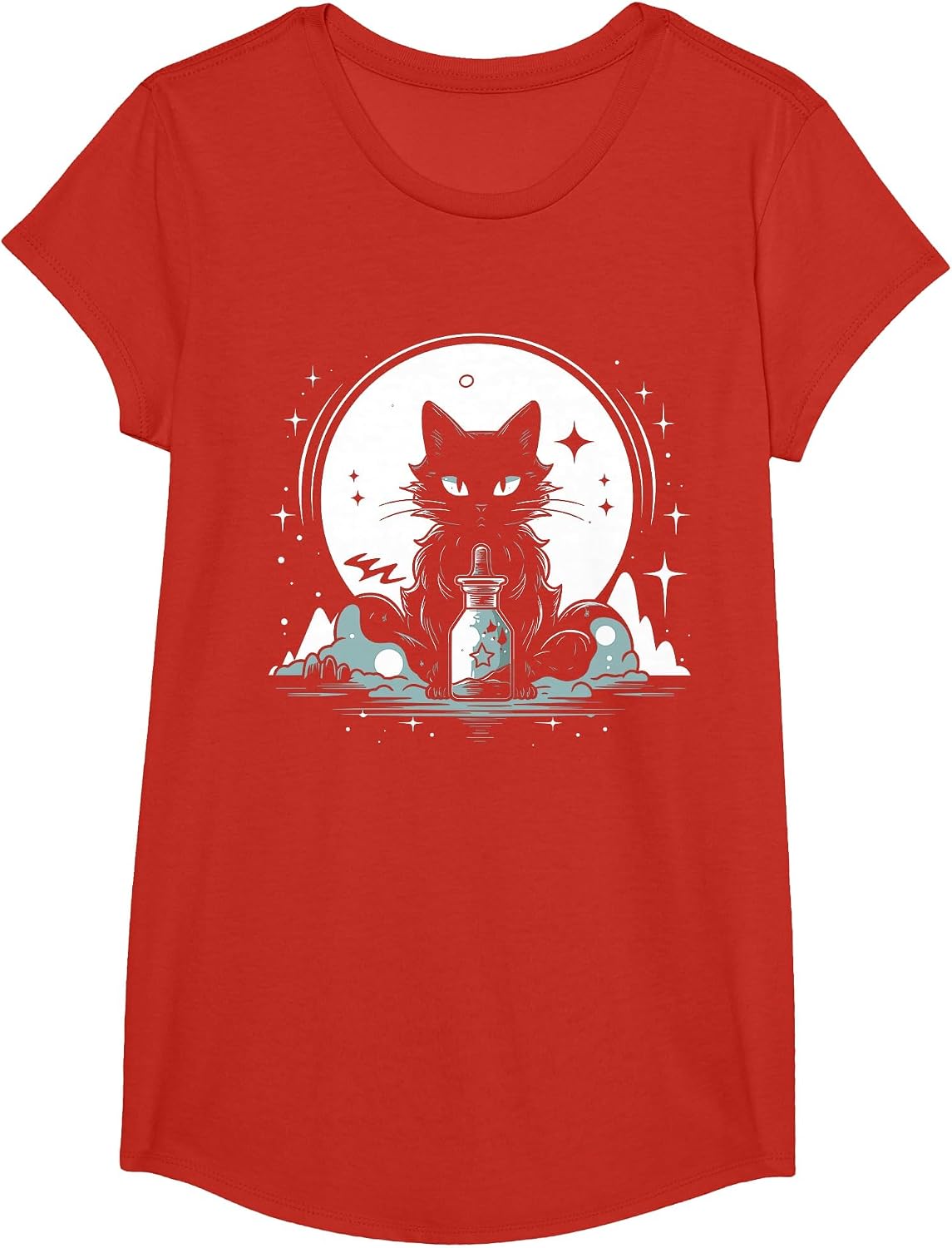 Kawaii Pastel Goth Magic Cat Mystic Moon Celestial Graphic T-Shirt - Girls Red