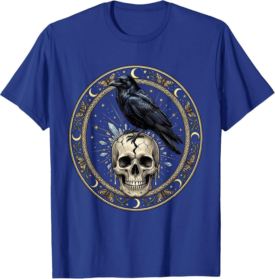 Crow on Cracked Skull Halloween Graphic T-Shirt - Royal Blue