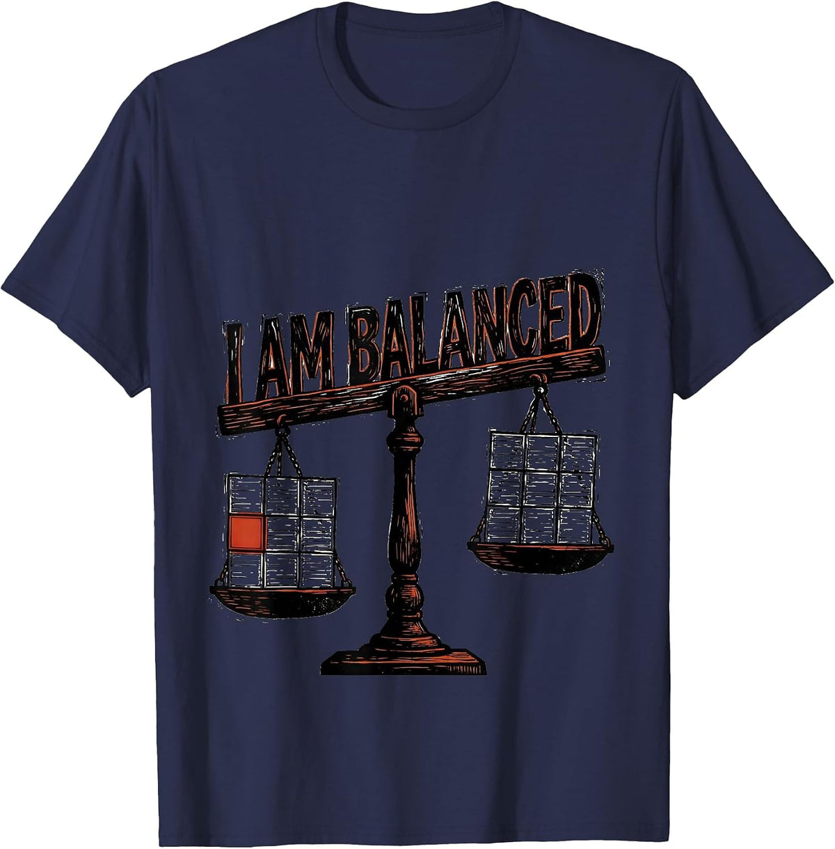 Men's I Am Balanced Funny Chemistry Science Humor Linocut T-Shirt - Navy Blue