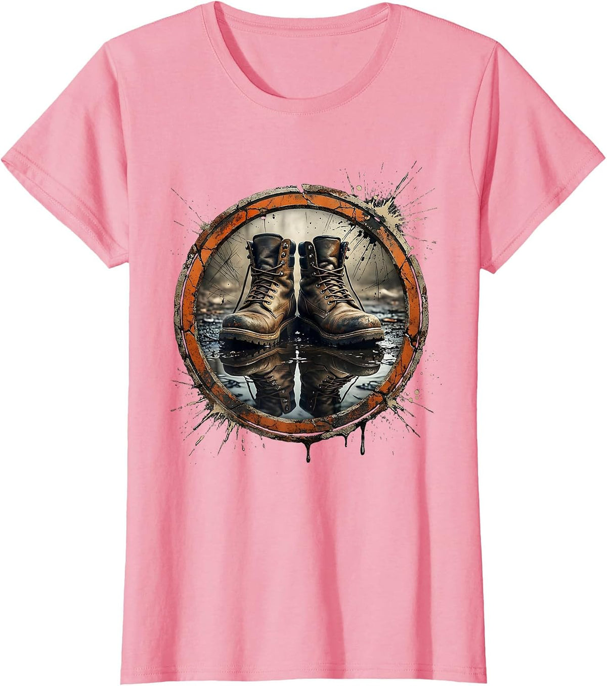Women's Mechanic Boots Oil Puddle Reflection Graphic T-Shirt - Pink