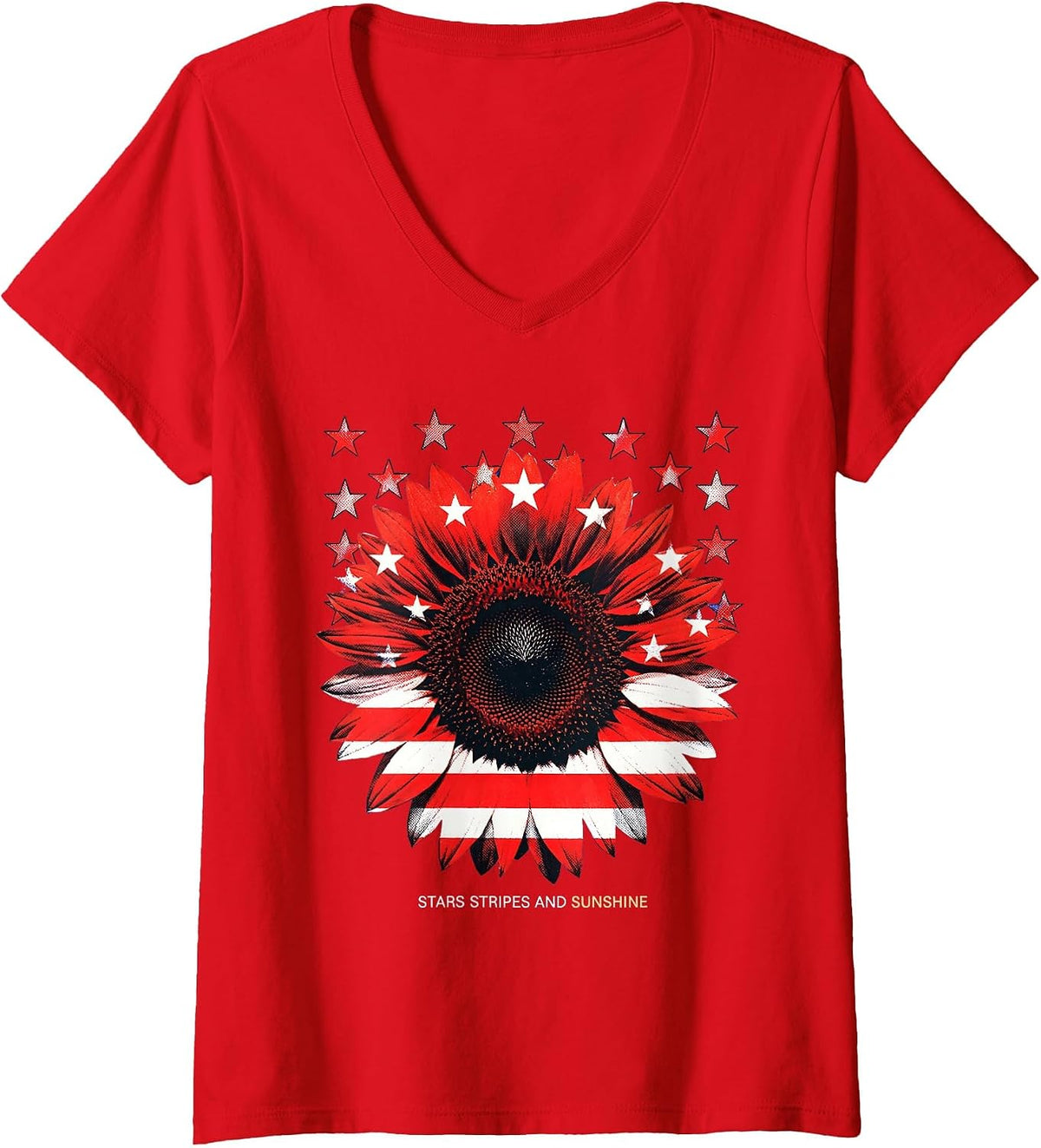 Women's Stars Stripes and Sunshine Red White Blue Design V-Neck T-Shirt - Red