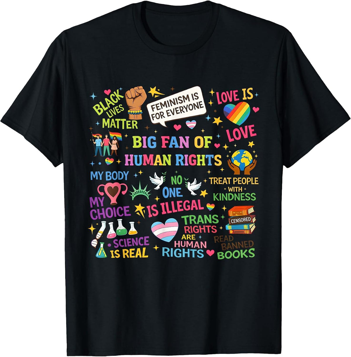 Floral Women Men Big Fan of Human Rights Equality Rainbow T-Shirt - Black