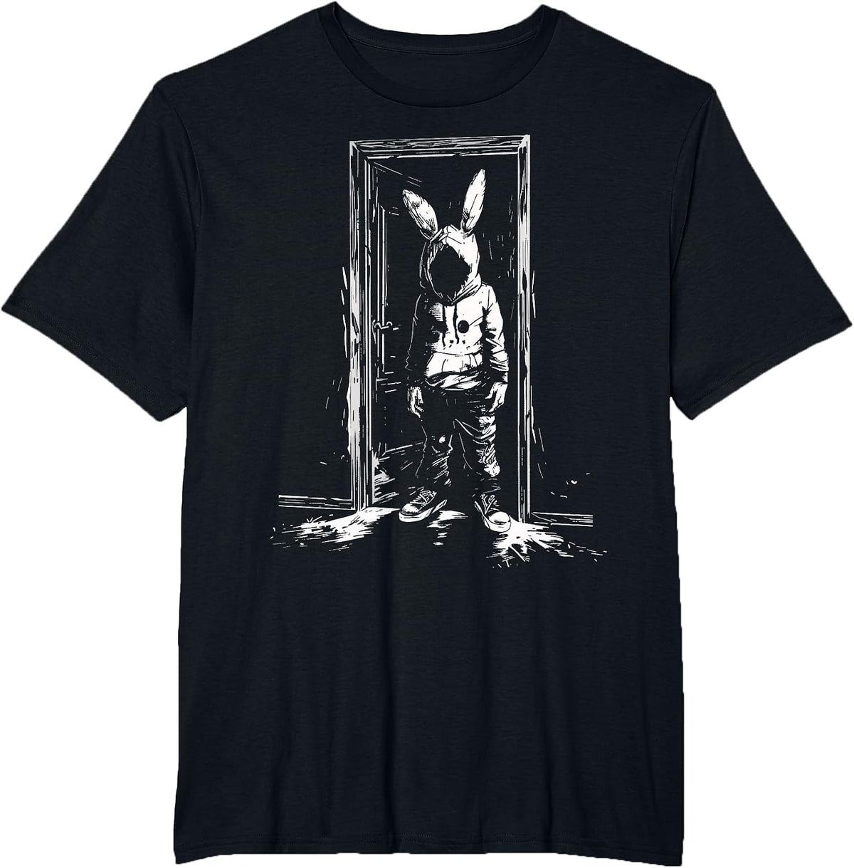 Horror Bunny Mask Man Rabbit Alt Goth Slasher Creepy Door T-Shirt - Black