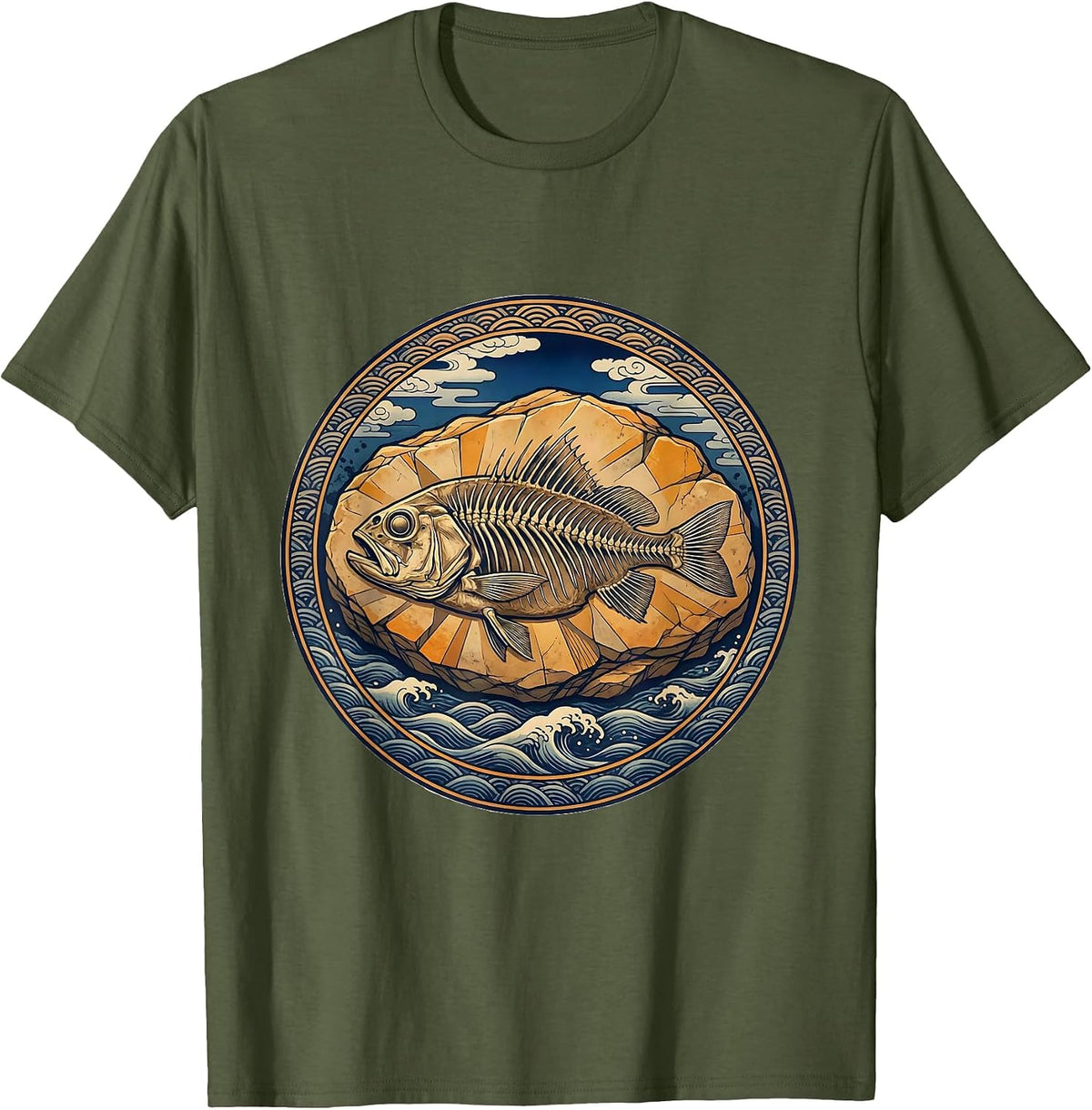 Skeletal Fish Fossil Stone Slab Graphic Tee T-Shirt - Olive Green