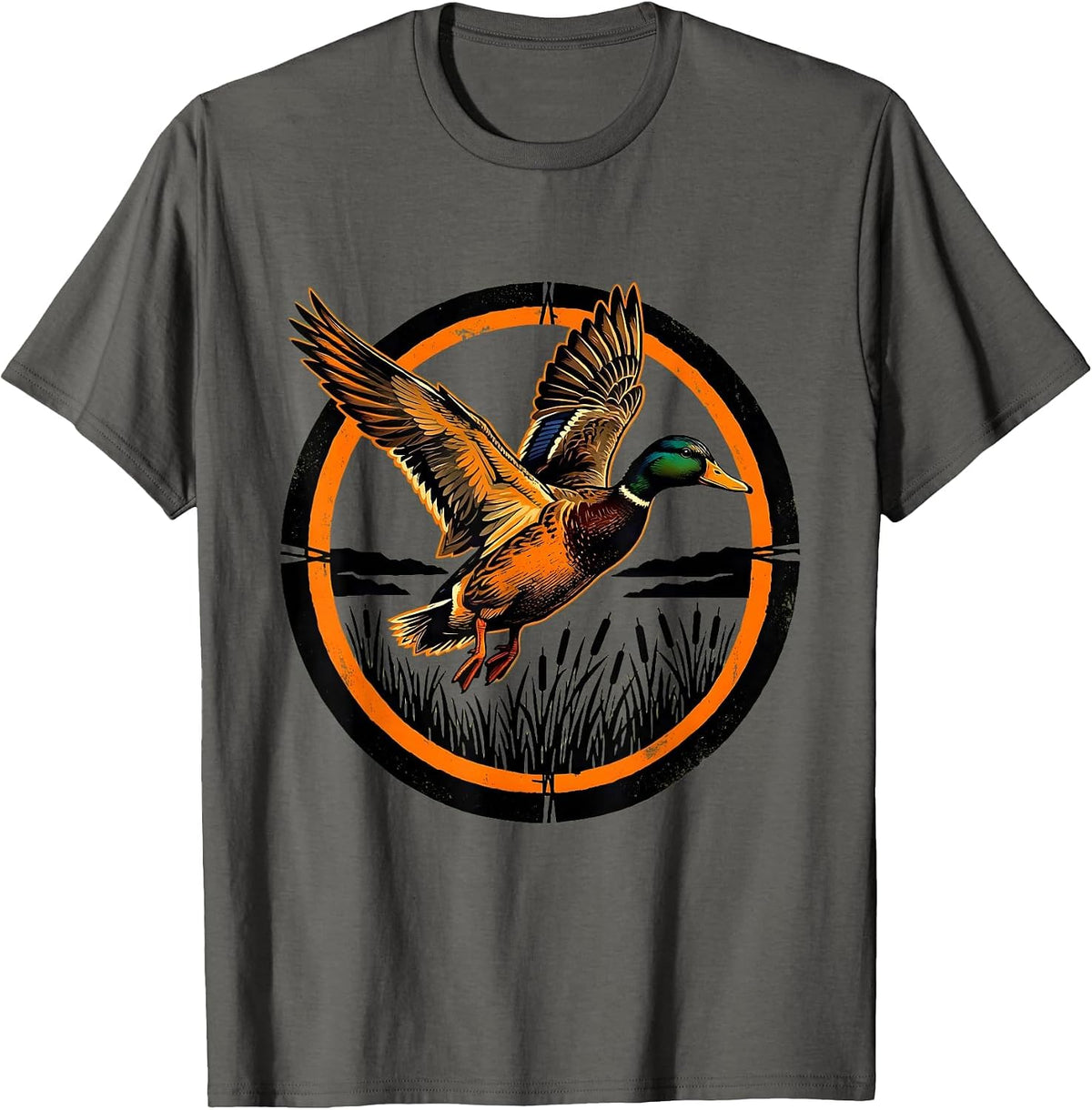 Men's Camo Duck Flying Over Marsh Reeds Illustration T-Shirt - Asphalt Grey
