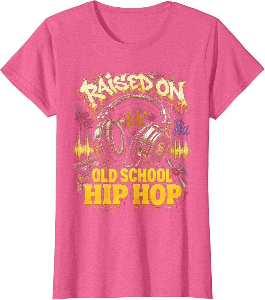 Raised On Old School Hip Hop Cassette Graffiti Rap T-Shirt, Women, Pink Heather, Small - As Pictured