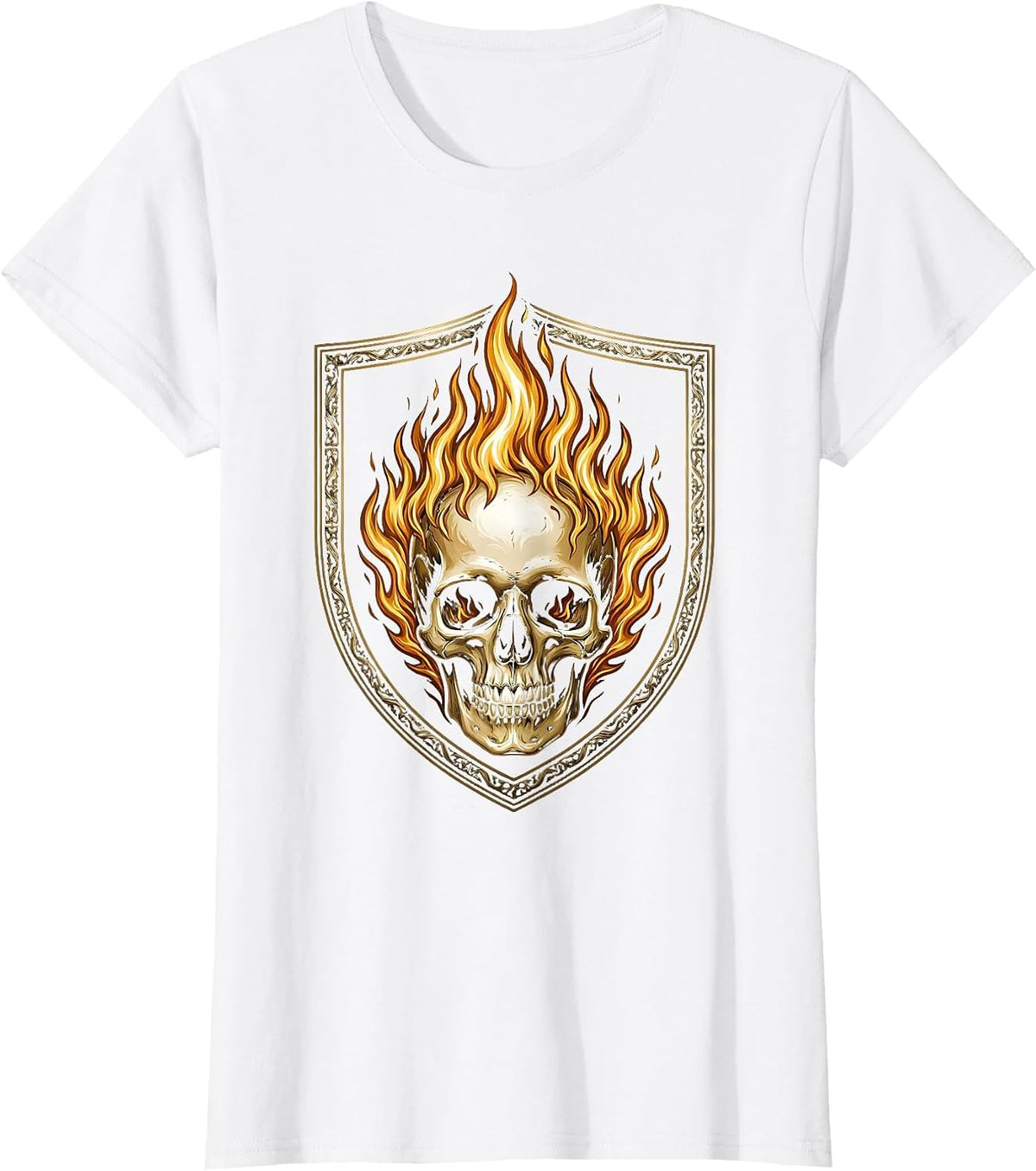 Women's Flaming Skull Fire Engulfed Skull Graphic T-Shirt - White