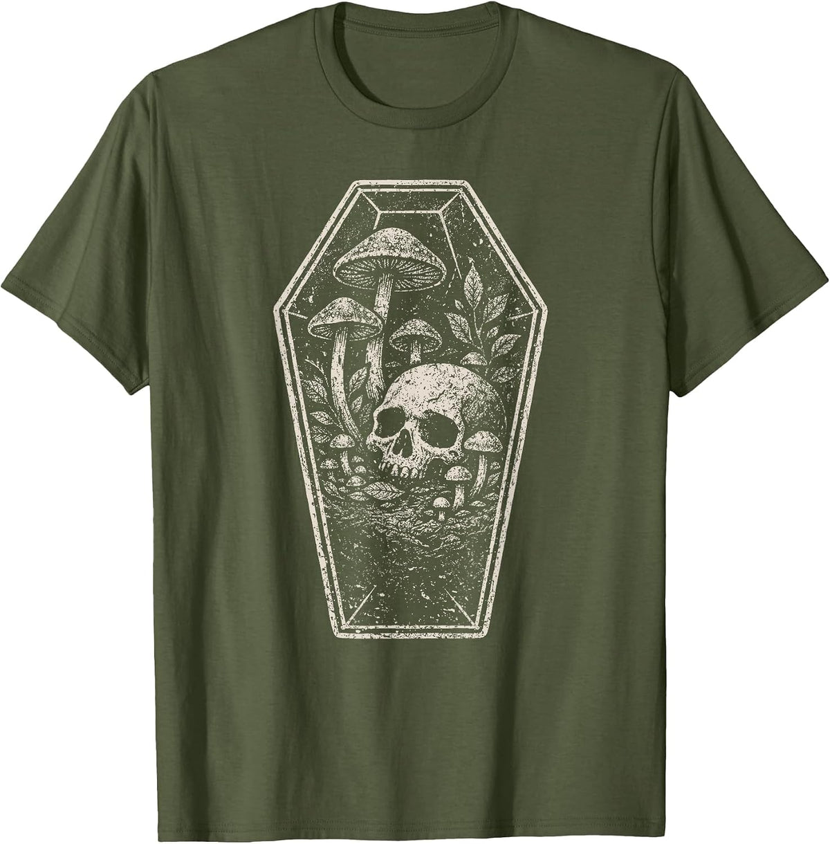 Skull Mushroom Grunge Skeleton Dark Coffin Forest Aesthetic T-Shirt - Olive Green
