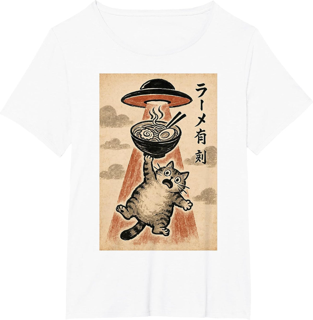 Cat UFO Ramen Funny Japanese Anime Men Women Teen Boys Girls T-Shirt - White