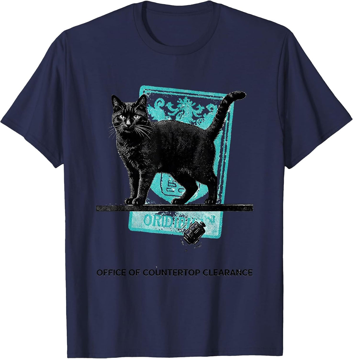 Office Of Countertop Clearance Funny Cat Physics Humor T-Shirt - Navy Blue