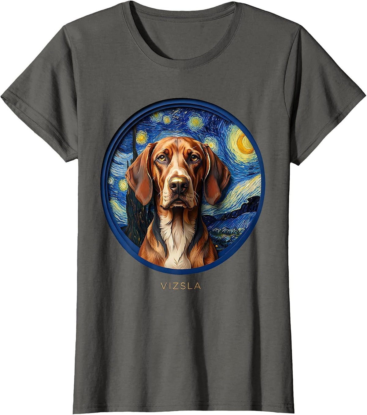 Women's Vizsla Paper Cutout Van Gogh Starry Night Dog Portrait T-Shirt - Asphalt Grey