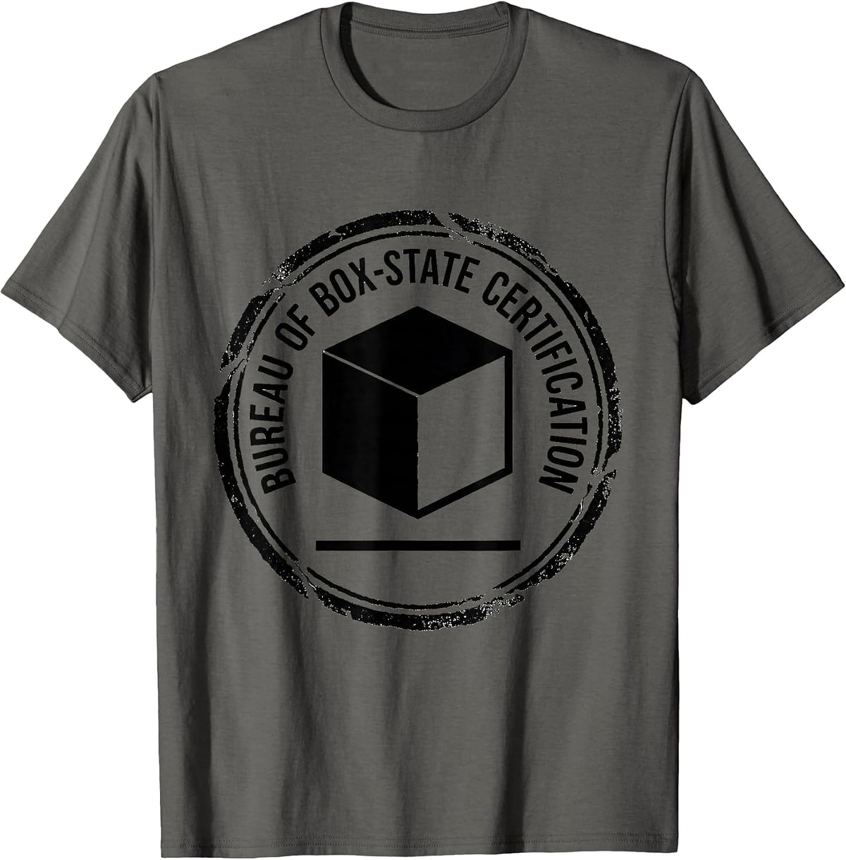 Men's Bureau of Box-State Certification Quantum Physics Humor T-Shirt - Asphalt Grey