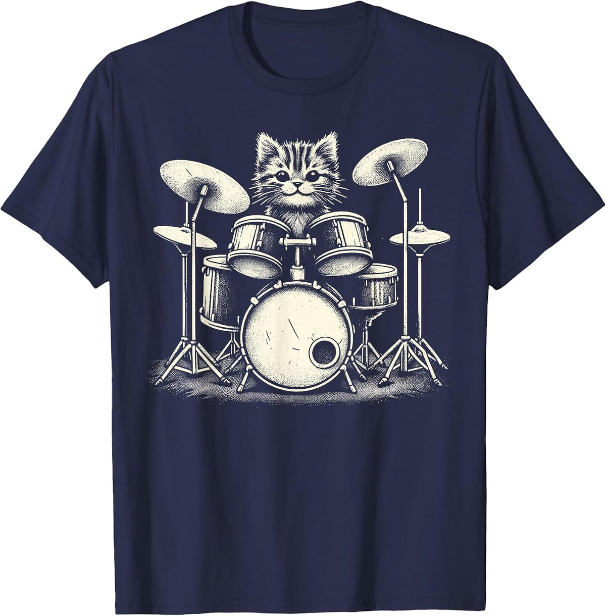 Cat Drummer Playing Drums T-Shirt - Navy Blue