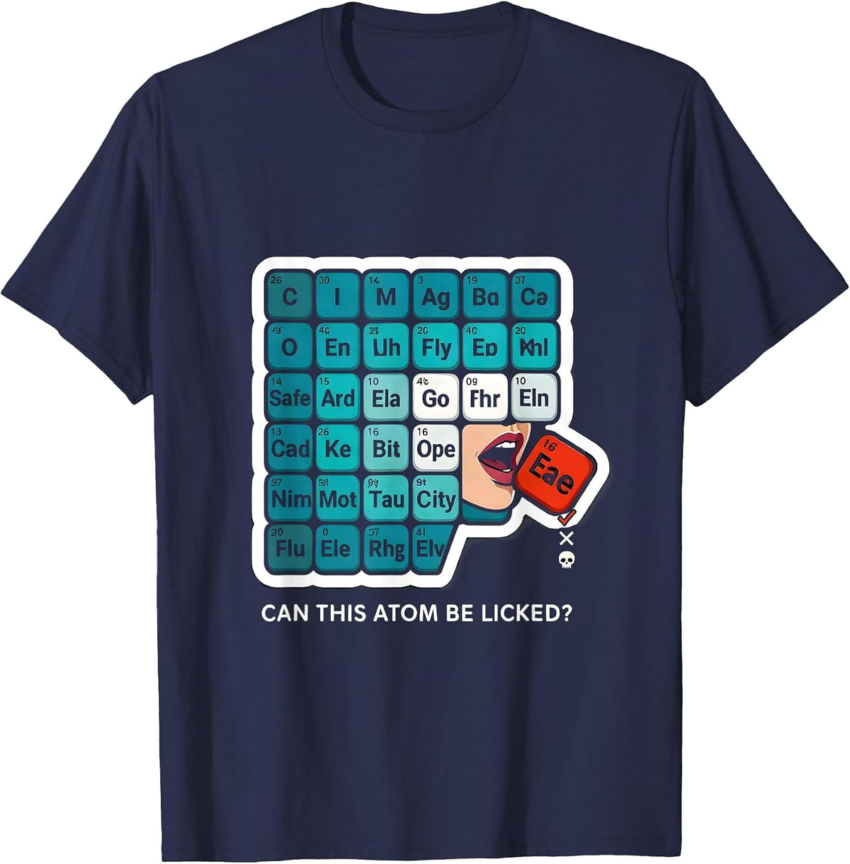 Men's Can This Atom Be Licked Funny Periodic Table Science Teacher T-Shirt - Navy Blue