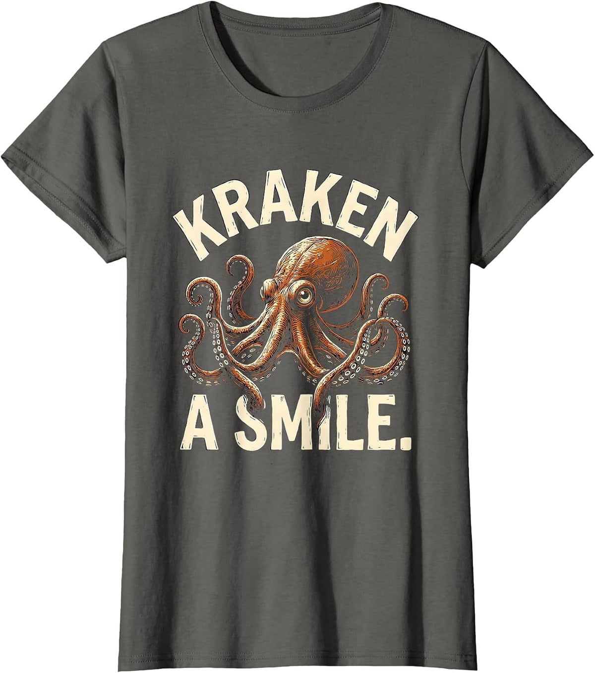Women's Kraken A Smile Linocut Octopus Lover Marine Biology Humor T-Shirt - Asphalt Grey