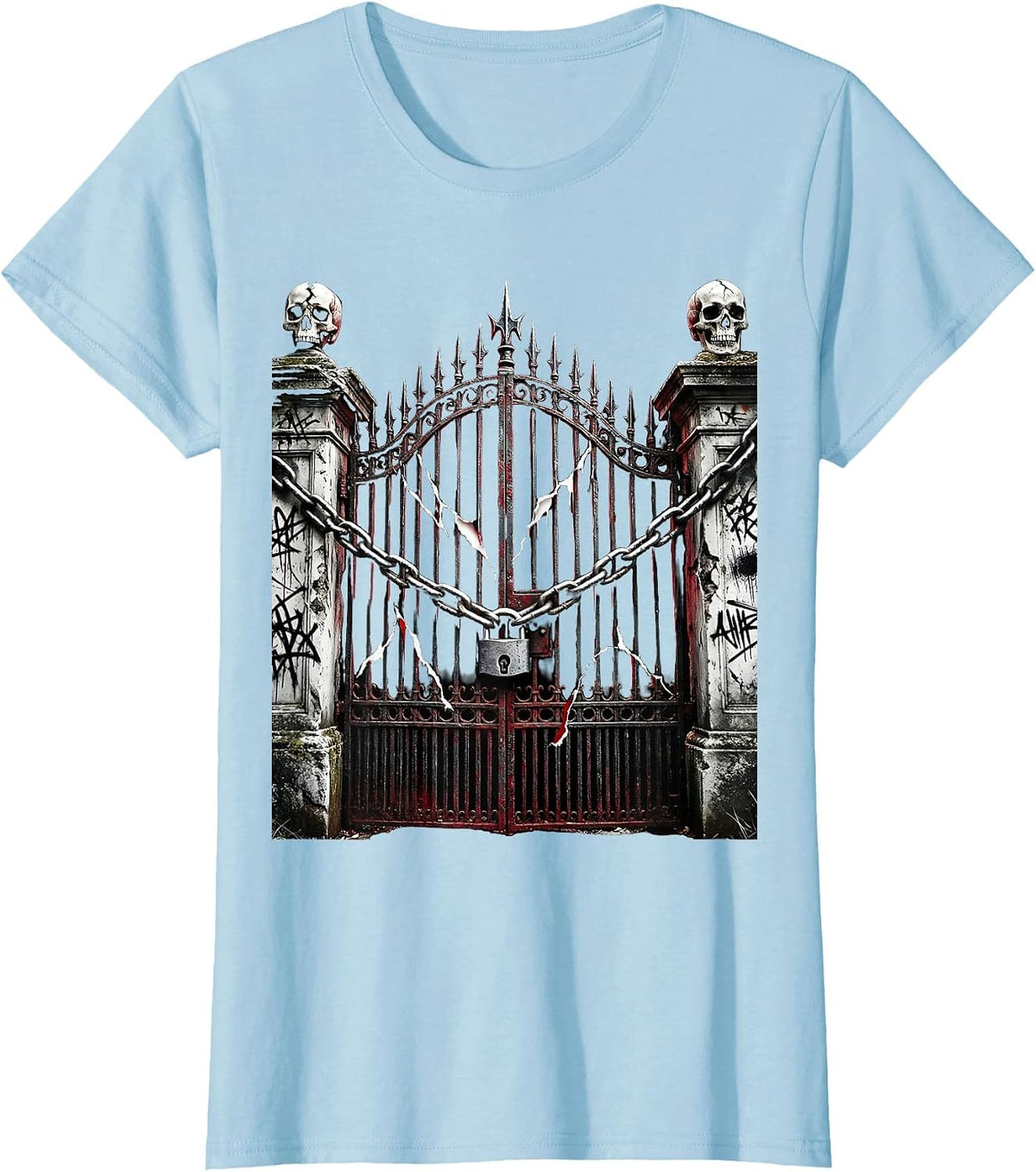Women's Emo Cemetery Gate Wrapped in Chains Graphic T-Shirt - Baby Blue