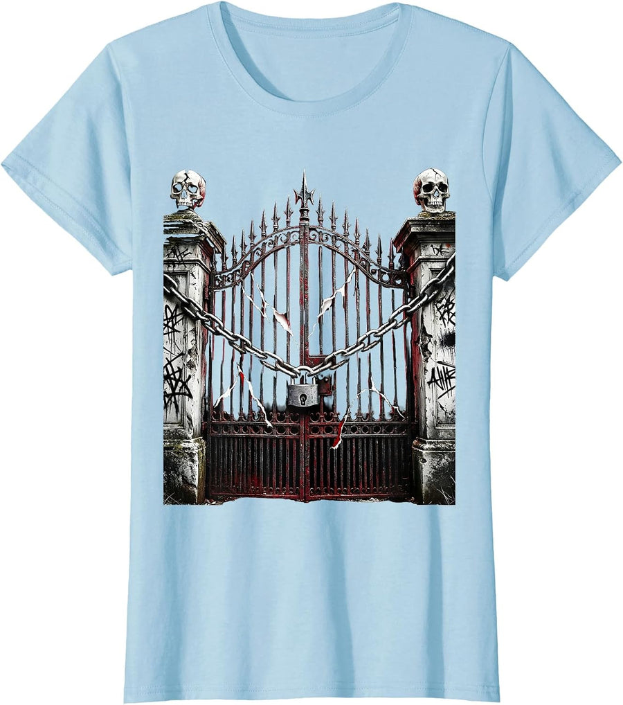 Women's Emo Cemetery Gate Wrapped in Chains Graphic T-Shirt - Baby Blue