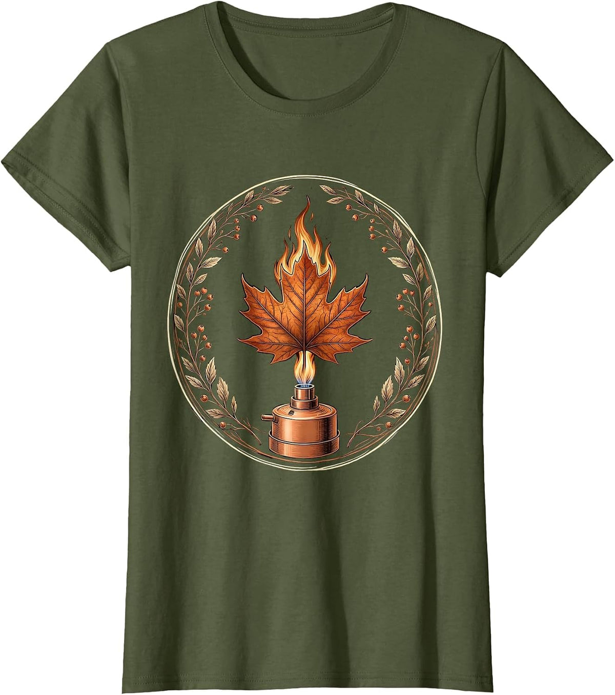 Women's Fall Science Teacher Bunsen Burner Autumn Leaf T-Shirt - Olive Green