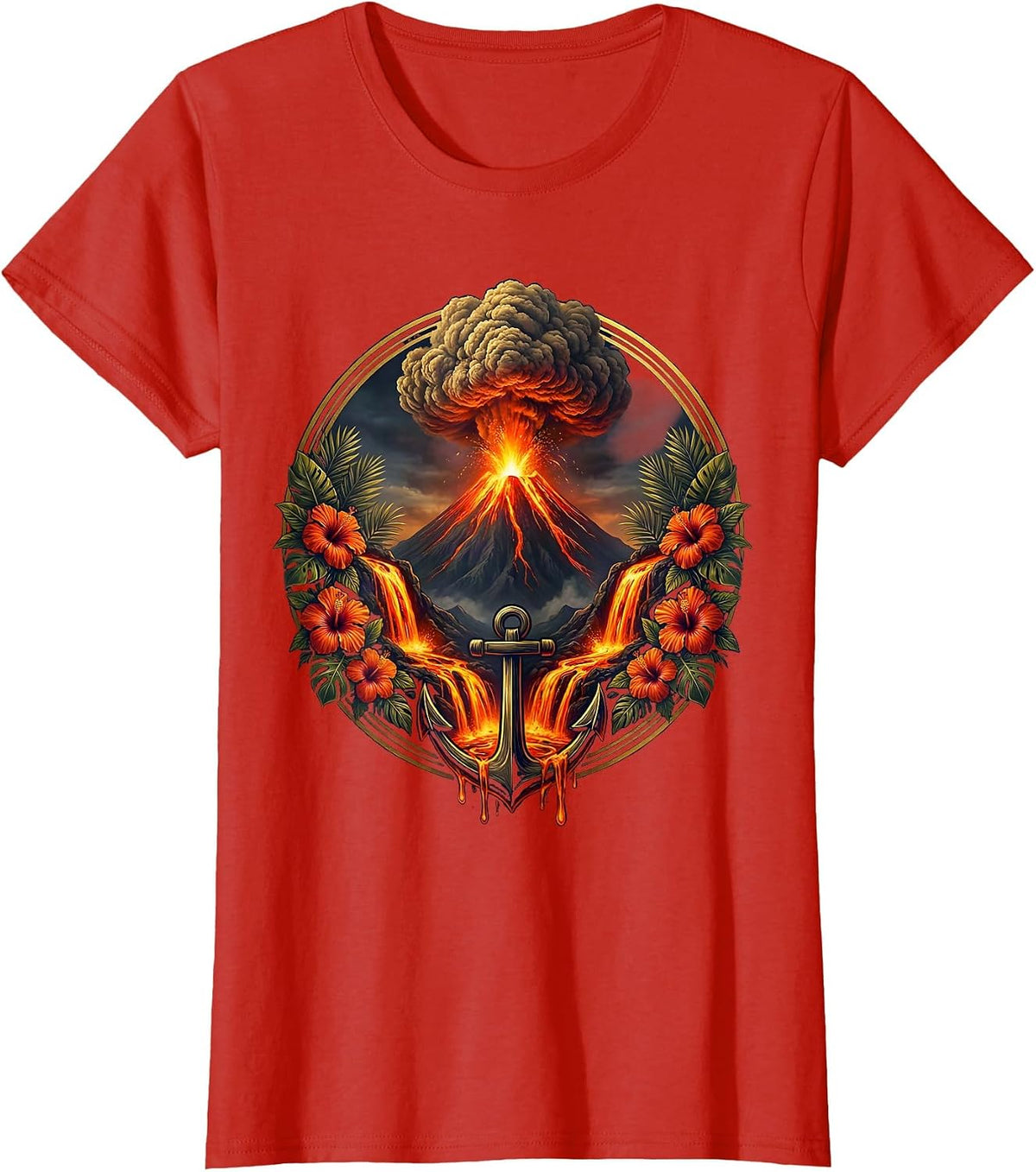 Hawaiian Volcano Erupting at Night Aloha Design T-Shirt - Red