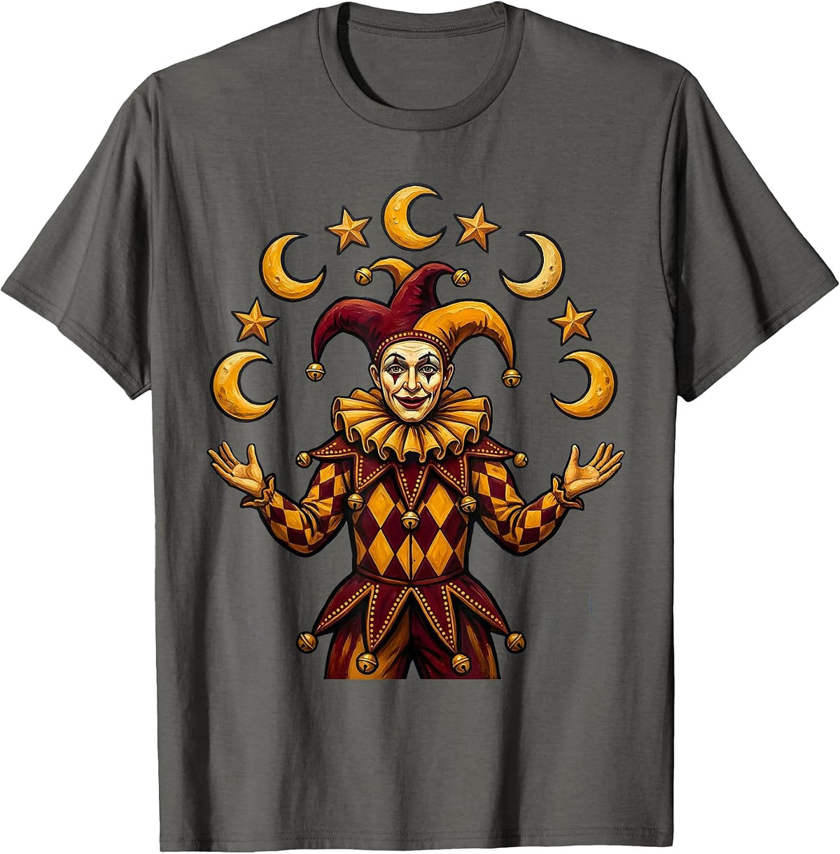 Mardi Gras Jester Juggling Moons and Stars T-Shirt - Asphalt Grey