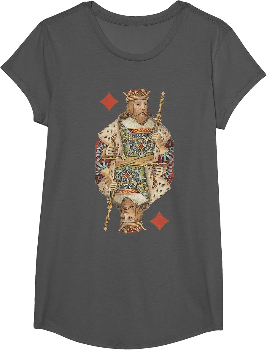 King of Diamonds Antique Art Nouveau Playing Card Art T-Shirt, Girls, Asphalt Grey, Small - As Pictured