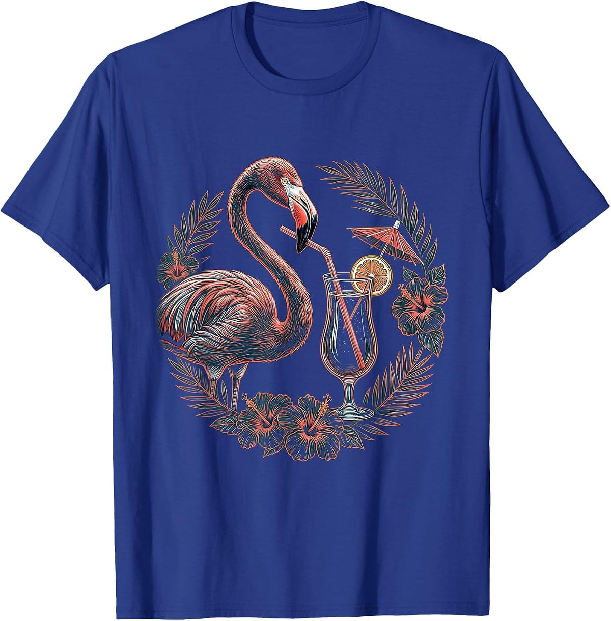 Men's Flamingo Sipping Cocktail Tropical Art T-Shirt - Royal Blue