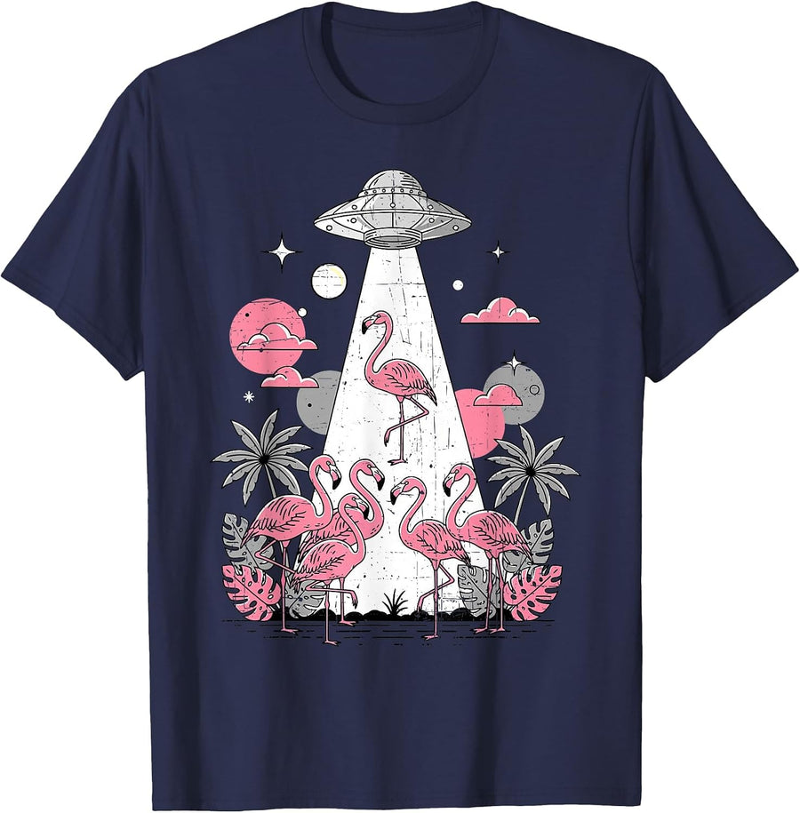 Flamingo UFO Alien Abduction Illustration Sci-Fi Art Graphic T-Shirt - Navy Blue