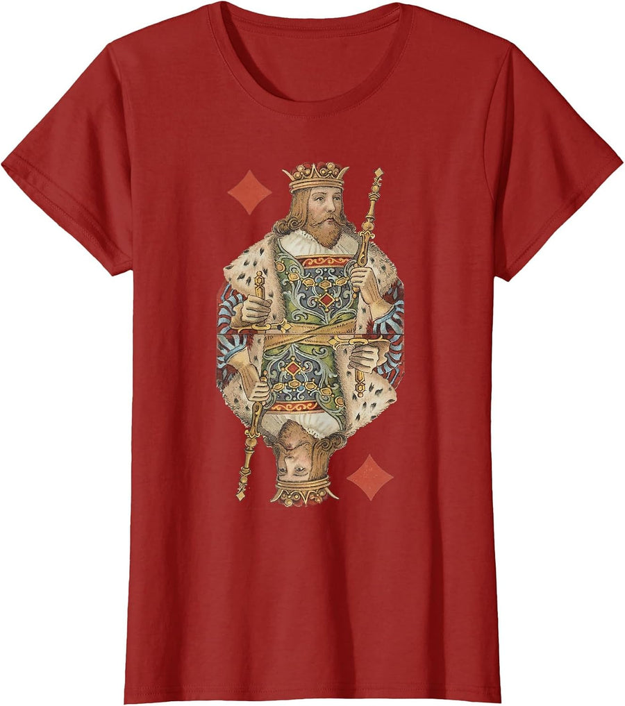 King of Diamonds Antique Art Nouveau Playing Card Art T-Shirt, Women, Cranberry Red, Small - As Pictured